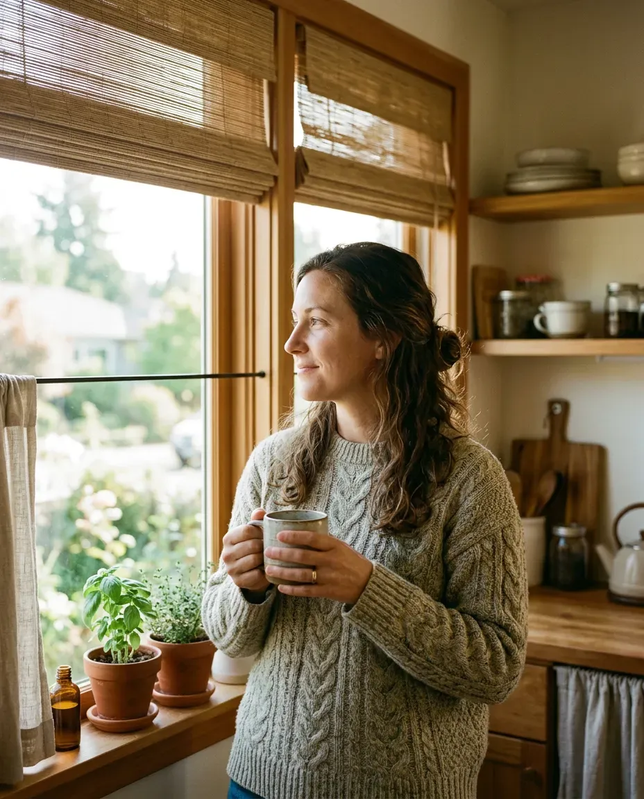 Morning coffee in the kitchen under a woven shade