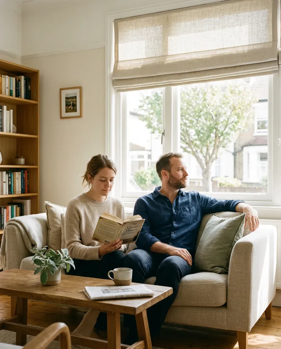A couple relaxing on a linen sofa under a Roman shade