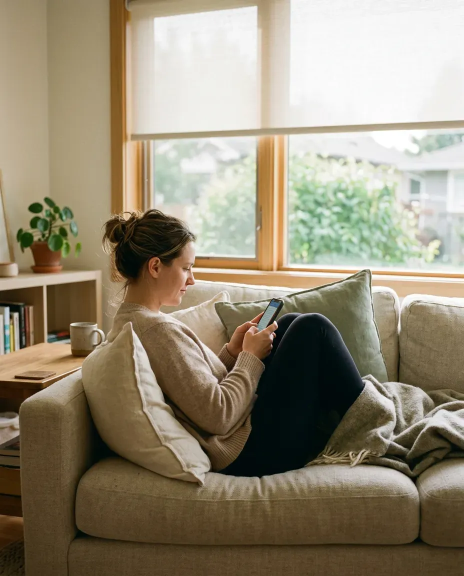 A woman texting her designer from the sofa